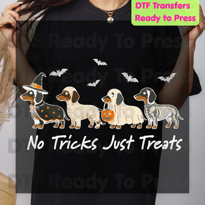 Halloween Dachshund DTF Transfer Ready to Press No Tricks Just Treats Heat Transfer For Shirts Skeleton Ghost Mummy Wiener Dog Spooky Print