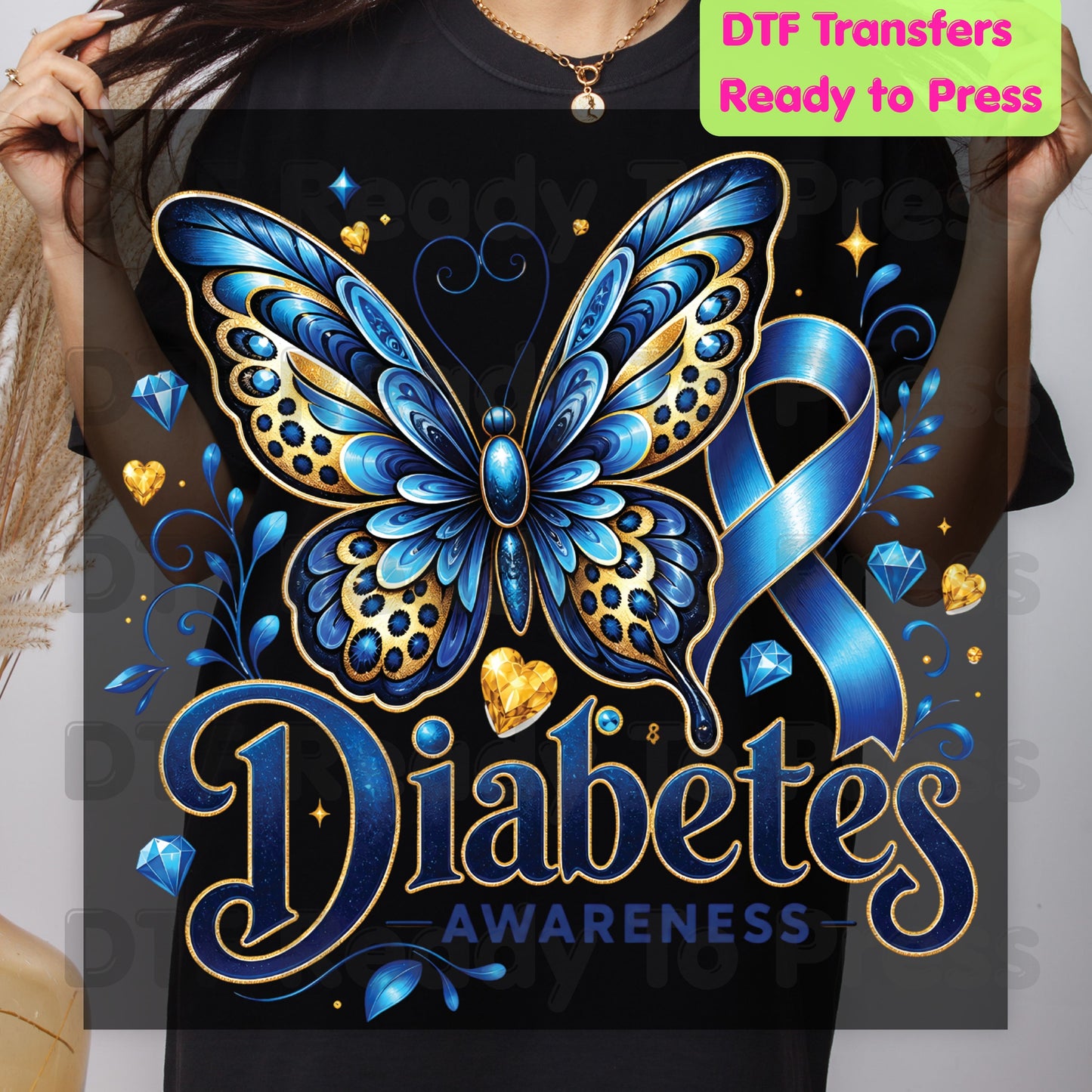 Diabetes Awareness DTF Transfer Ready to Press Blue Butterfly Ribbon Gold Gems Heat Transfer Tee Print Direct to Film Transfer