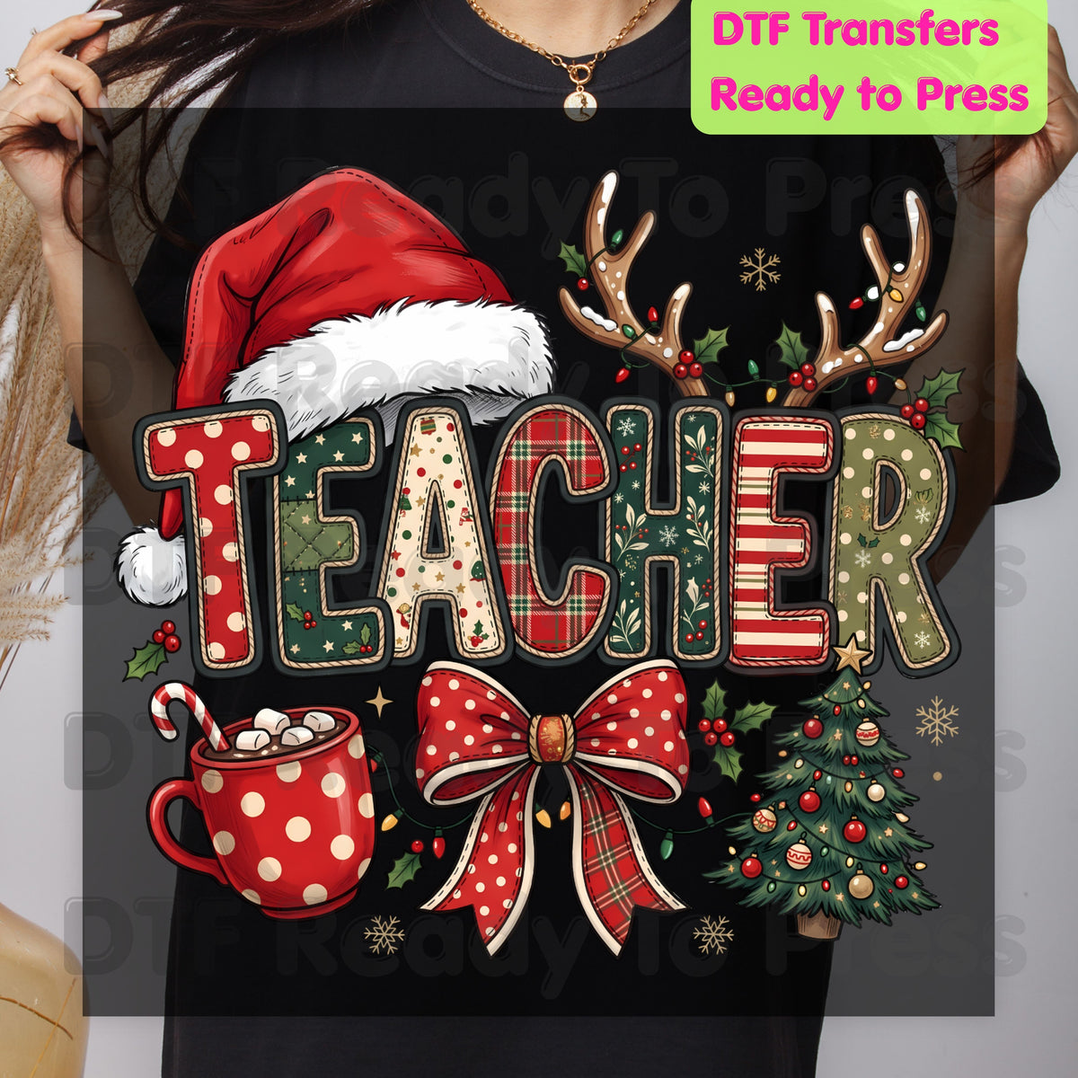 Christmas Teacher Santa Hat DTF Transfers, Holiday School Cocoa Tree Bow Graphic Ready to Press
