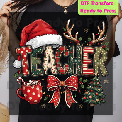 Christmas Teacher Santa Hat DTF Transfers, Holiday School Cocoa Tree Bow Graphic Ready to Press