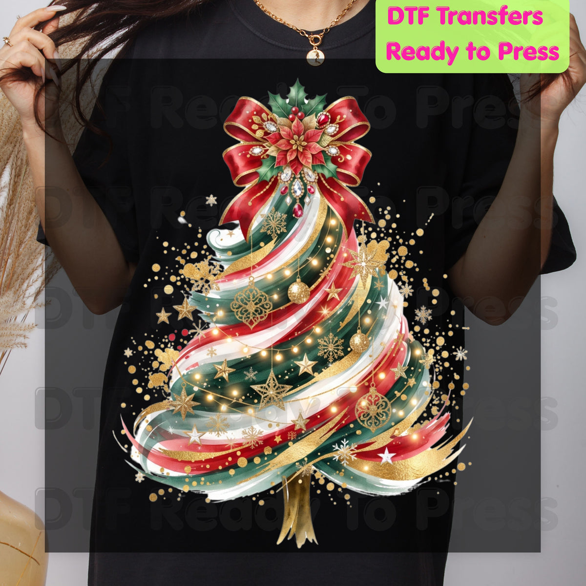 Christmas Tree DTF Transfers, Elegant Ribbon Bow Gold Glitter Holiday Ready to Press