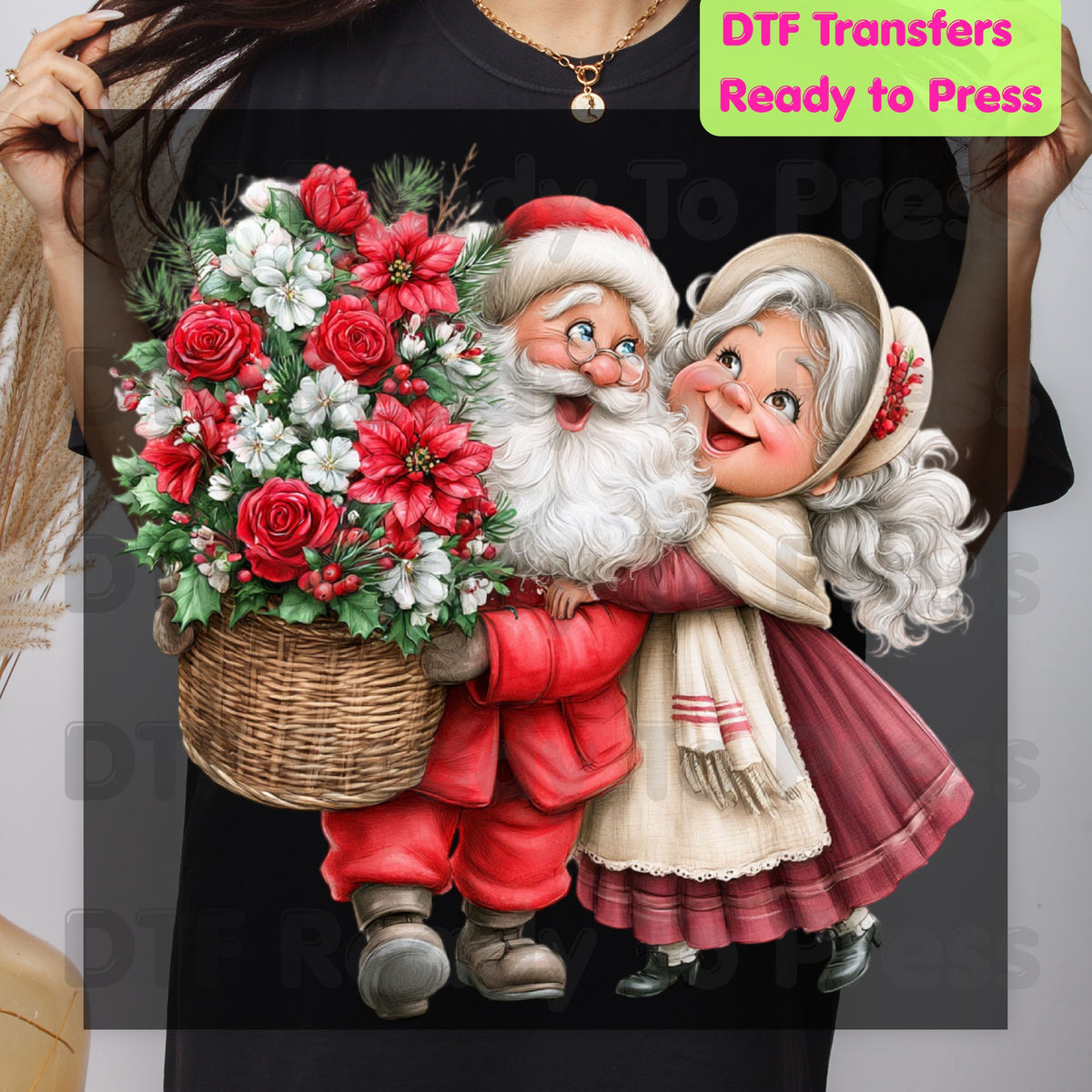 Santa Mrs Claus DTF Transfers, Vintage Christmas Couple Flowers Holiday Ready to Press