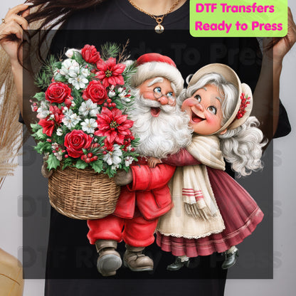 Santa Mrs Claus DTF Transfers, Vintage Christmas Couple Flowers Holiday Ready to Press