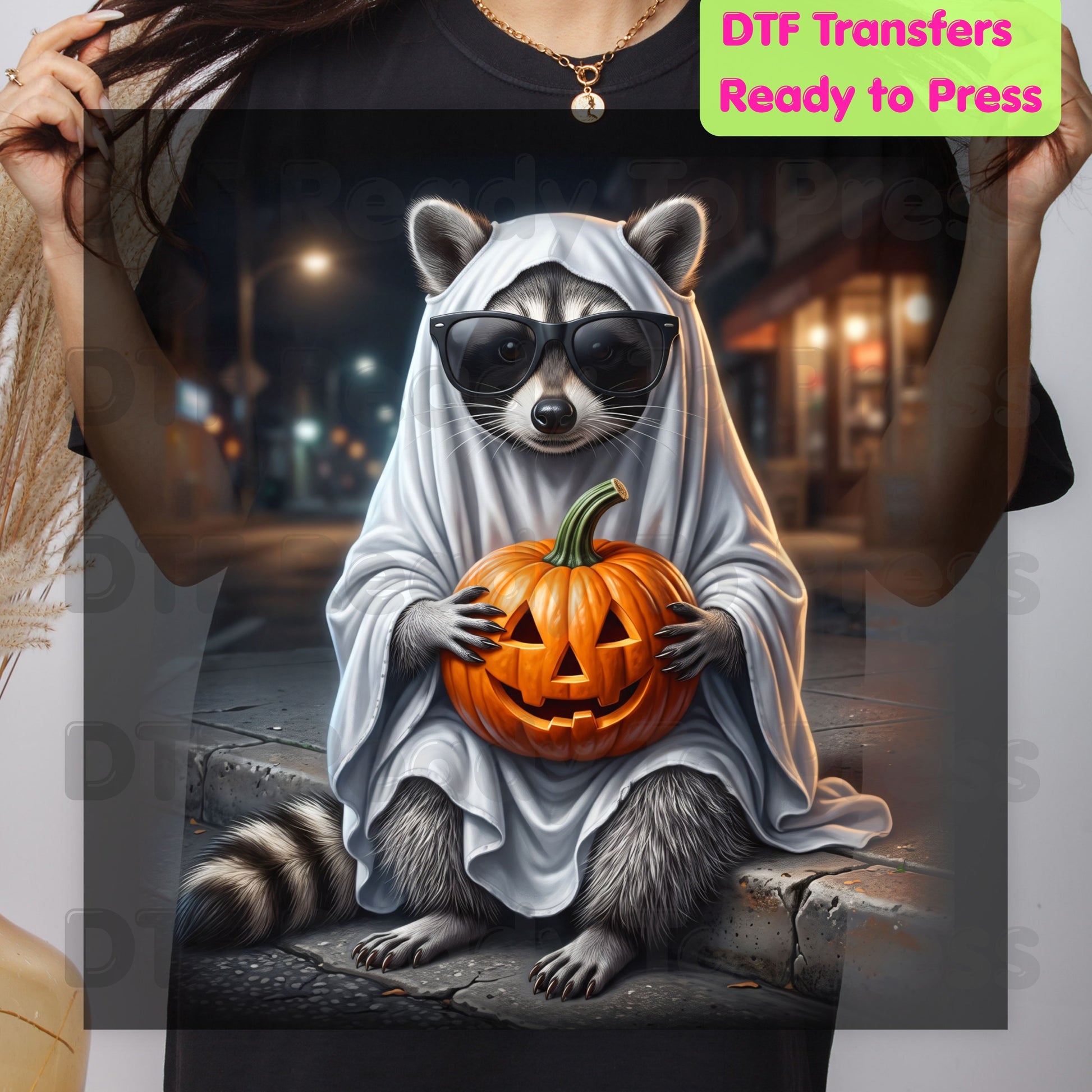 Halloween Ghost Raccoon DTF Transfers, Pumpkin Trash Panda Spooky Vintage Ready to Press