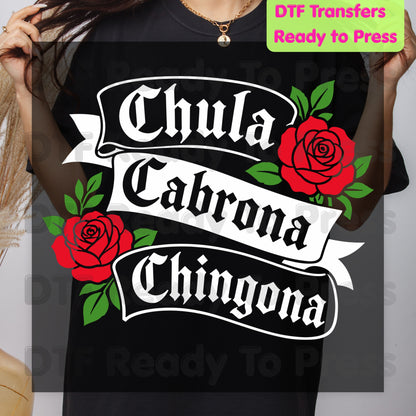 Chingona Rose DTF Transfers, Latina Power Red Rose Chicana Old English Font Ready to Press