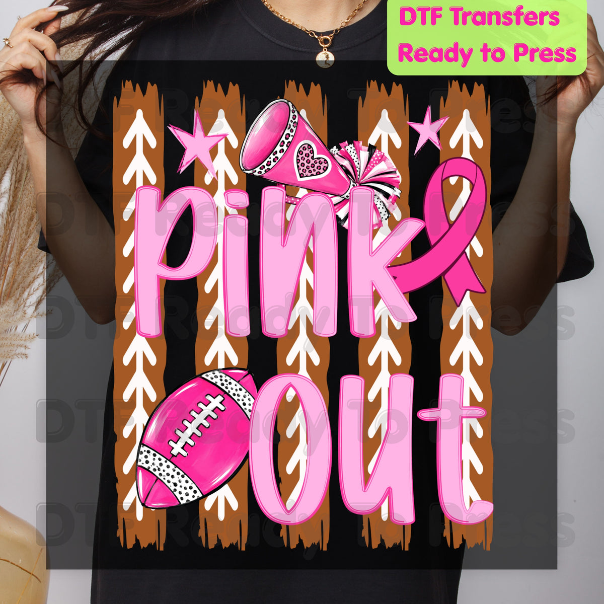 Pink Out DTF Transfers, Breast Cancer Awareness Cheer Football Megaphone Coquette Bow Ready to Press
