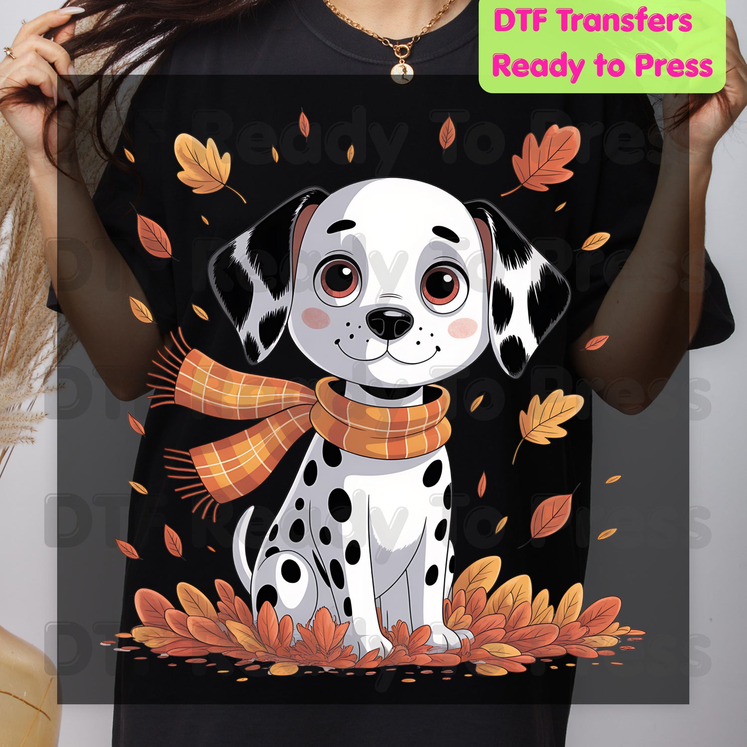 Fall Dalmatian DTF Transfer Ready to Press Dog with Scarf Autumn Leaves Heat Transfer for Shirts Cute Puppy Dog Lover Graphic Transfer