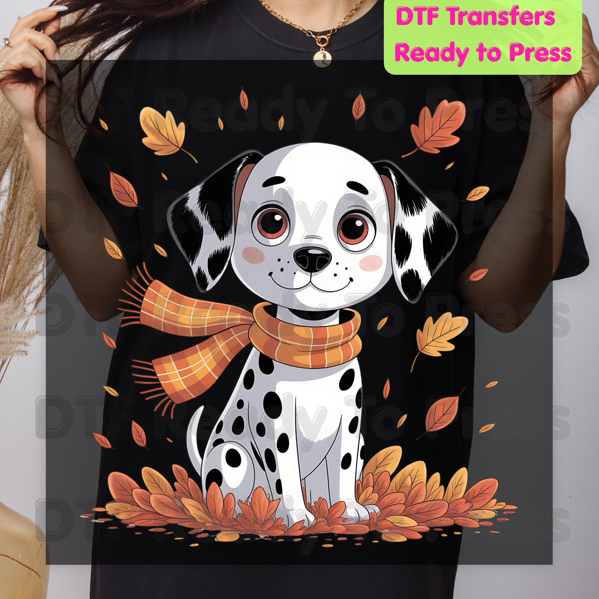 Fall Dalmatian DTF Transfer Ready to Press Dog with Scarf Autumn Leaves Heat Transfer for Shirts Cute Puppy Dog Lover Graphic Transfer