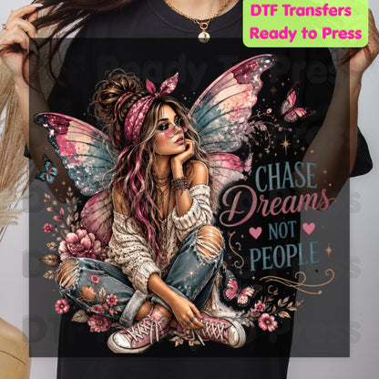 Chase Dreams Not People Fairy DTF Transfers, Boho Fairy Girl Butterfly Wings Inspirational Ready to Press