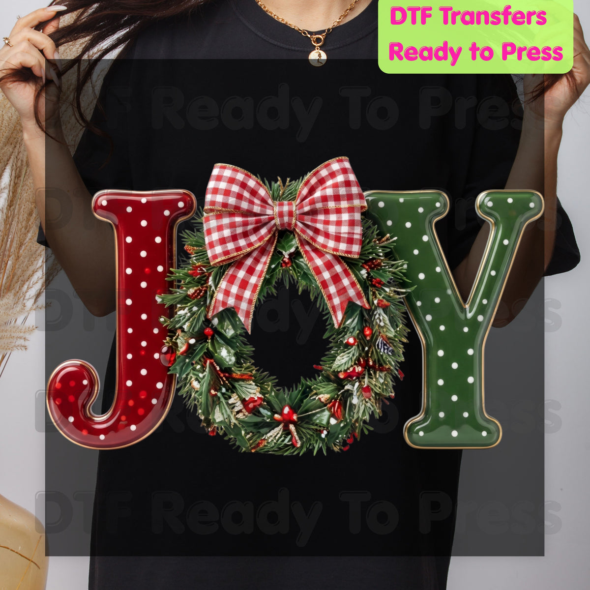 Joy Christmas DTF Transfers, Wreath Plaid Bow Polka Dot Letters Festive Holiday Ready to Press