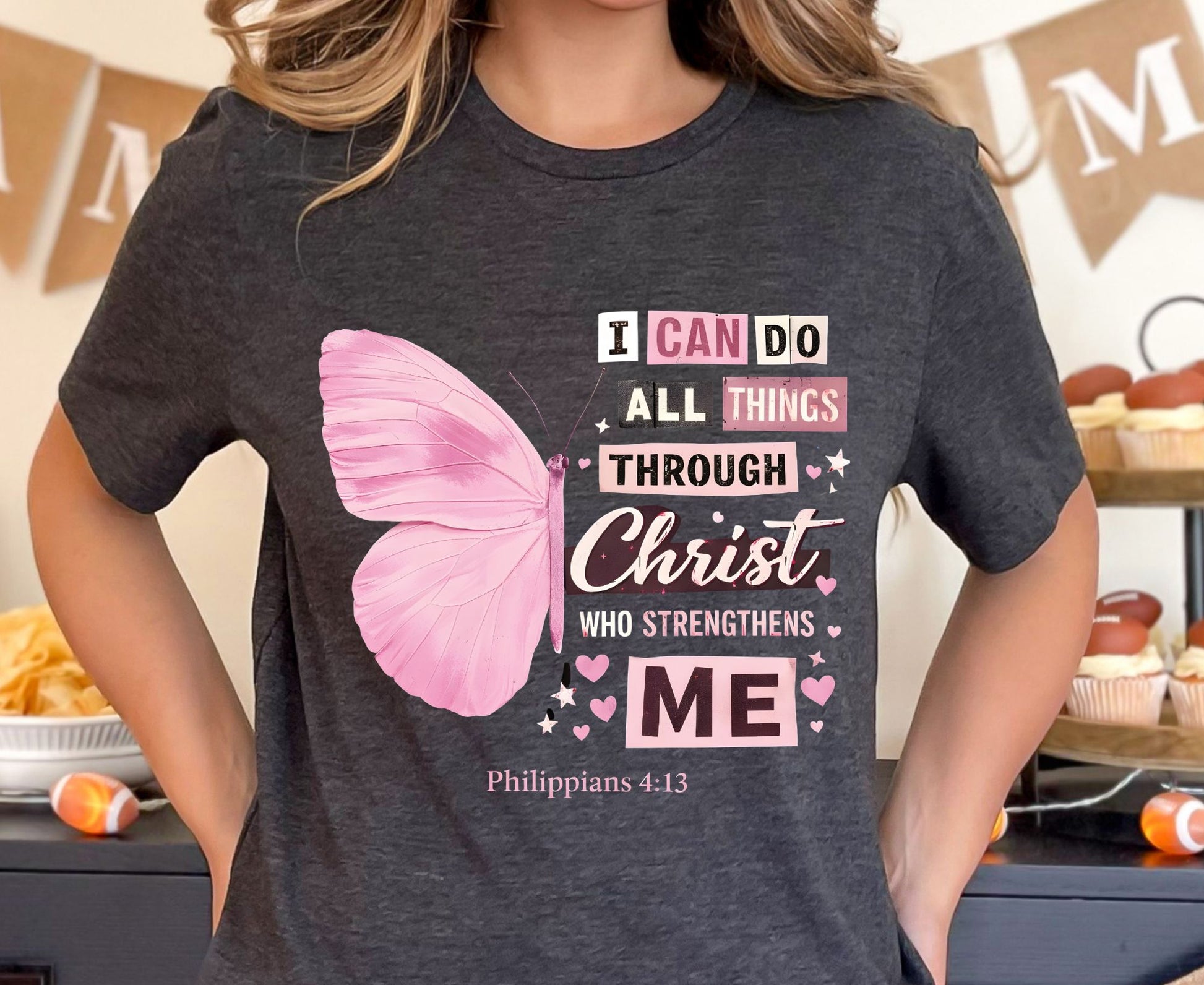 Philippians 4:13 T Shirt Pink Butterfly Tee I Can Do All Things Through Christ Shirt Religious Faith Gift Adult Youth Toddler Baby Church Outfit
