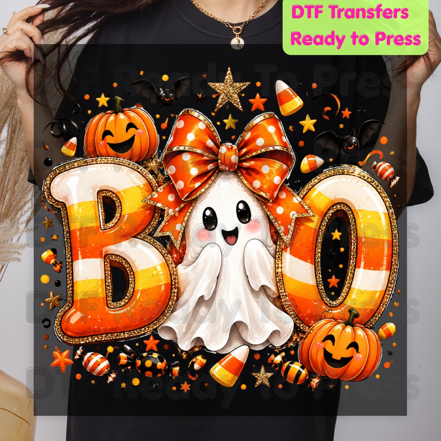 Halloween DTF Transfers, Boo Ghost Orange Bow Candy Corn Pumpkin Spooky Season Ready to Press