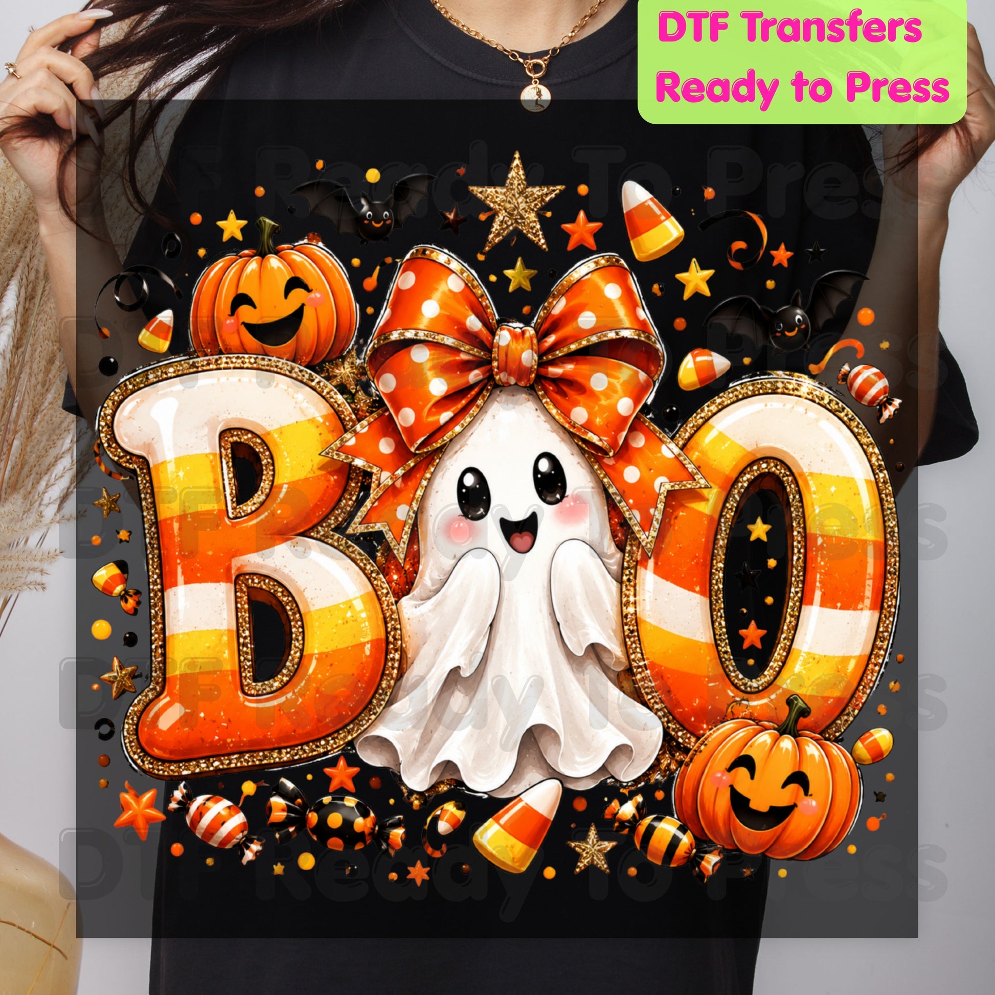 Halloween DTF Transfers, Boo Ghost Orange Bow Candy Corn Pumpkin Spooky Season Ready to Press