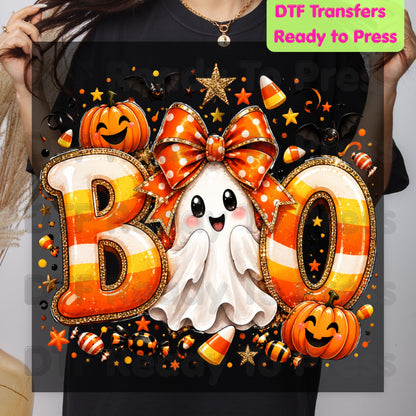 Halloween DTF Transfers, Boo Ghost Orange Bow Candy Corn Pumpkin Spooky Season Ready to Press