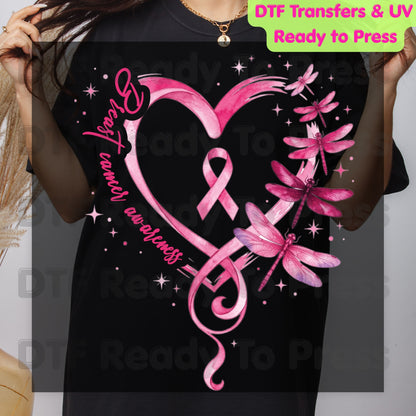 Breast Cancer Awareness Pink Heart Dragonfly DTF Transfer Ready to Press Heat Transfer Ribbon Tee