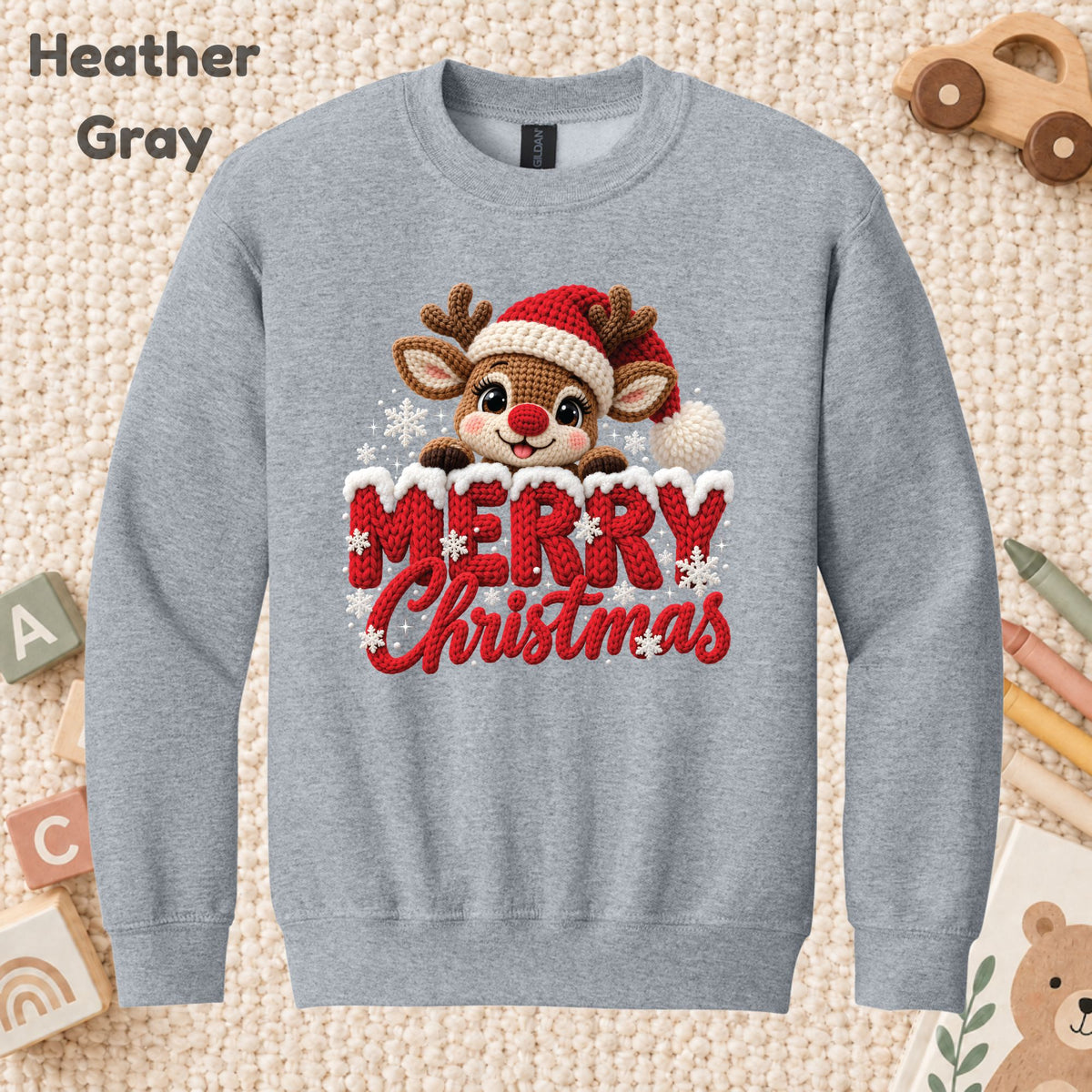 Cute Reindeer Christmas T-Shirt, Santa Hat Knitted Lettering Tee, Cozy Holiday Sweatshirt