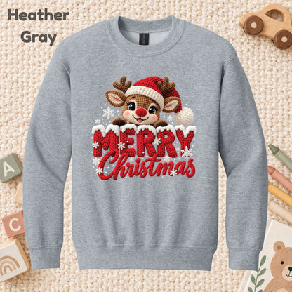 Cute Reindeer Christmas T-Shirt, Santa Hat Knitted Lettering Tee, Cozy Holiday Sweatshirt