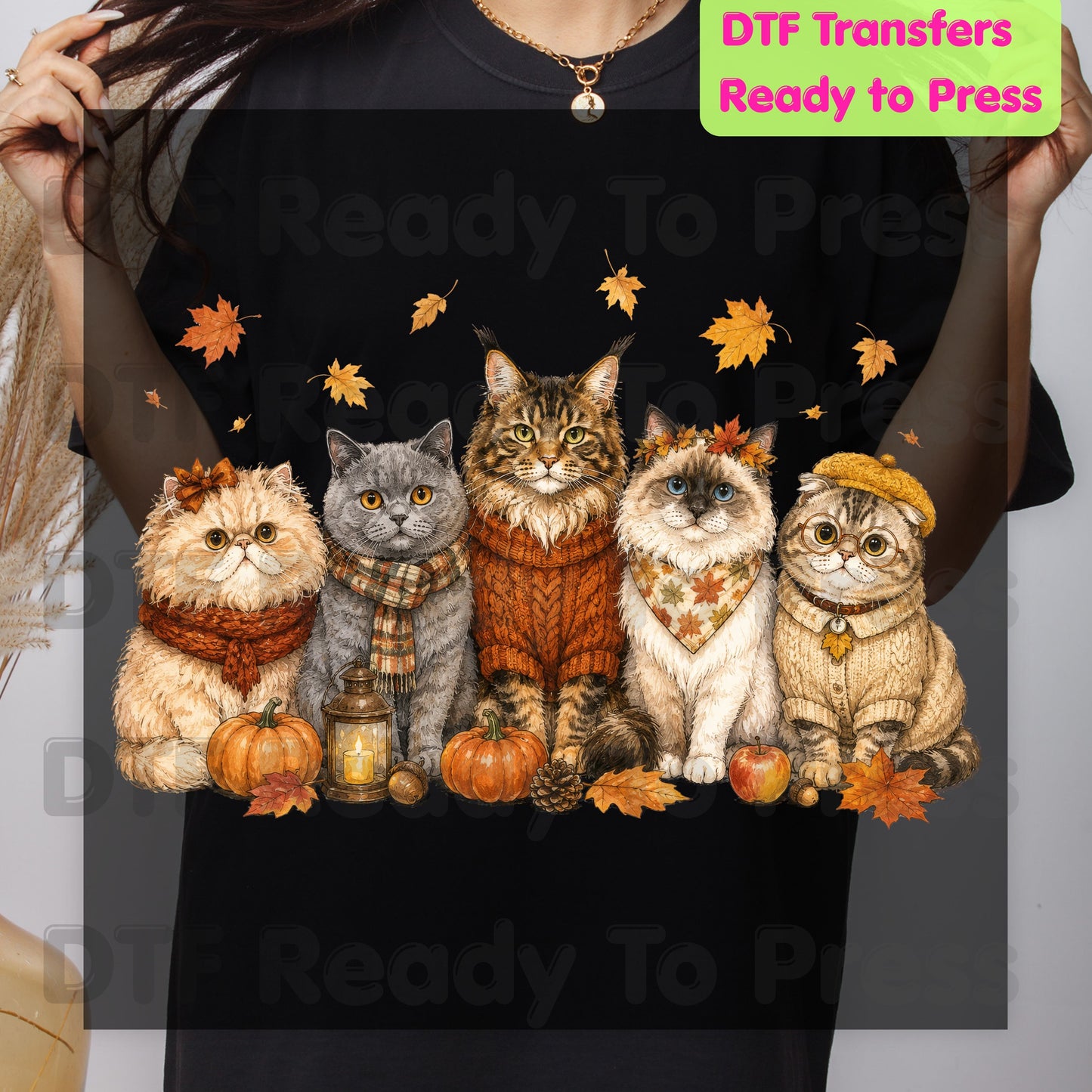 Halloween Cats DTF Transfer Ready to Press Autumn Cozy Sweater Heat Transfer For Shirts Kitten Pumpkin Leaves Maine Coon Ragdoll Cat Gang