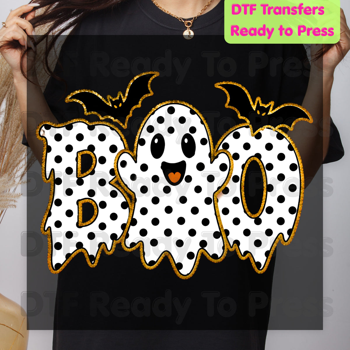 Polka Dot Ghost Halloween DTF Transfers, Boo Cute Spooky Bats Holiday Ready to Press