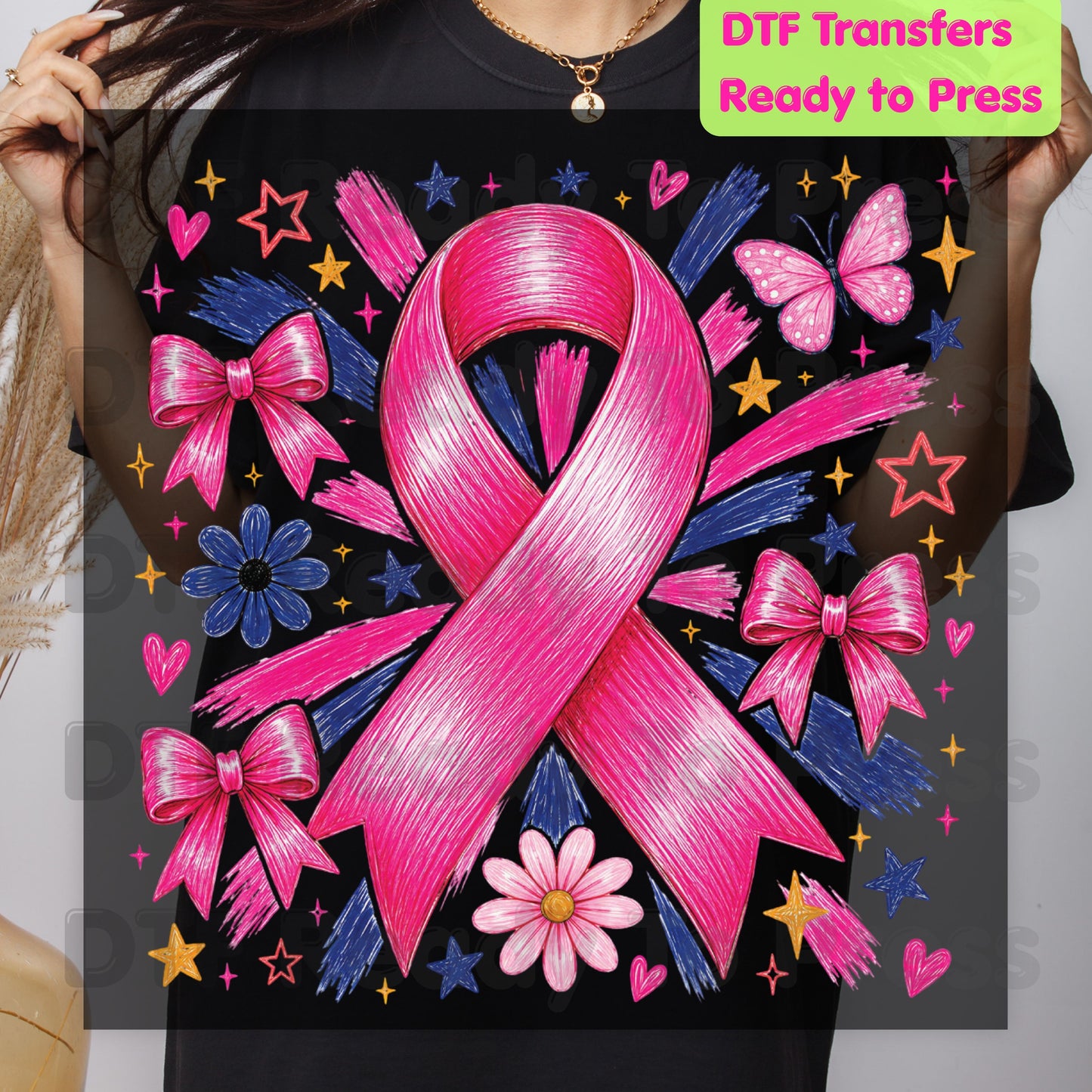 Breast Cancer DTF Transfer Ready to Press Pink Ribbon Bows Butterfly Flowers Awareness Heat Transfer Tee Print Direct to Film