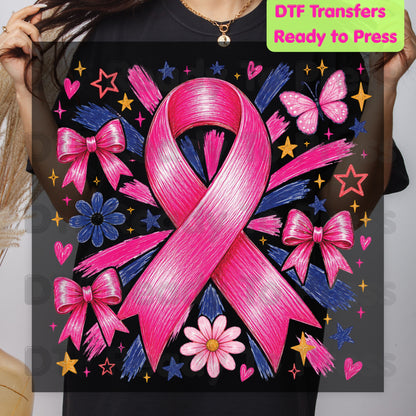 Breast Cancer DTF Transfer Ready to Press Pink Ribbon Bows Butterfly Flowers Awareness Heat Transfer Tee Print Direct to Film