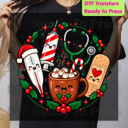 Christmas Medical Nurse DTF Transfers, Holiday Cocoa Thermometer Syringe Nurse Ready to Press
