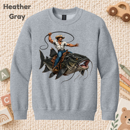 Cowboy Riding Catfish T-Shirt, Funny Fishing Rodeo Southern Graphic Tee for Toddler and Kids