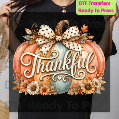Thanksgiving Pumpkin DTF Transfer Ready to Press Thankful Heat Transfer For Shirts Polka Dot Bow Sunflowers Autumn Fall Vibe Floral Print
