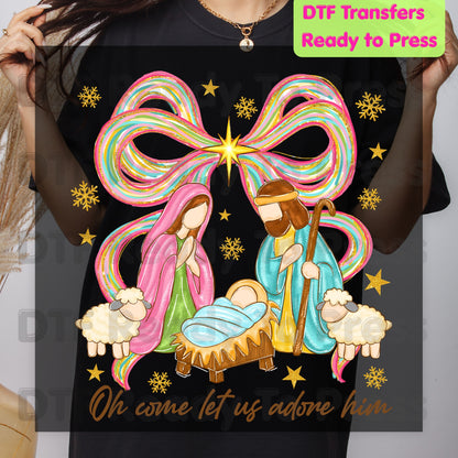 Christian Nativity Oh Come Let Us Adore Him DTF Transfer Ready to Press Nativity Scene Heat Transfer For Shirts Colorful Christmas Bow Christian Jesus Print