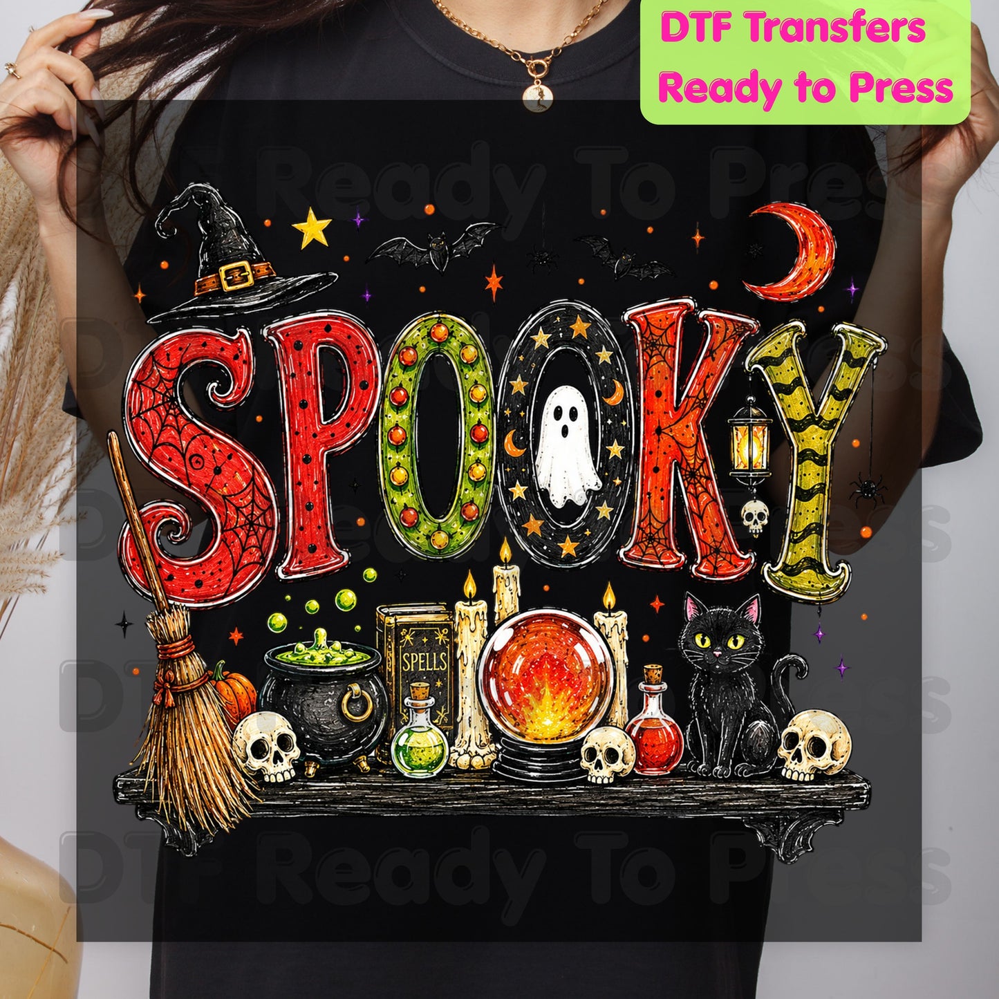 Halloween Witch Shelf DTF Transfers, Black Cat Crystal Ball Cauldron Potion Skull Spooky Ready to Press