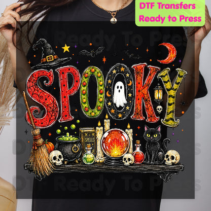 Halloween Witch Shelf DTF Transfers, Black Cat Crystal Ball Cauldron Potion Skull Spooky Ready to Press