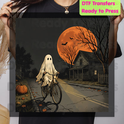 Ghost Riding Bike DTF Transfers, Orange Harvest Moon Haunted House Halloween Ready to Press