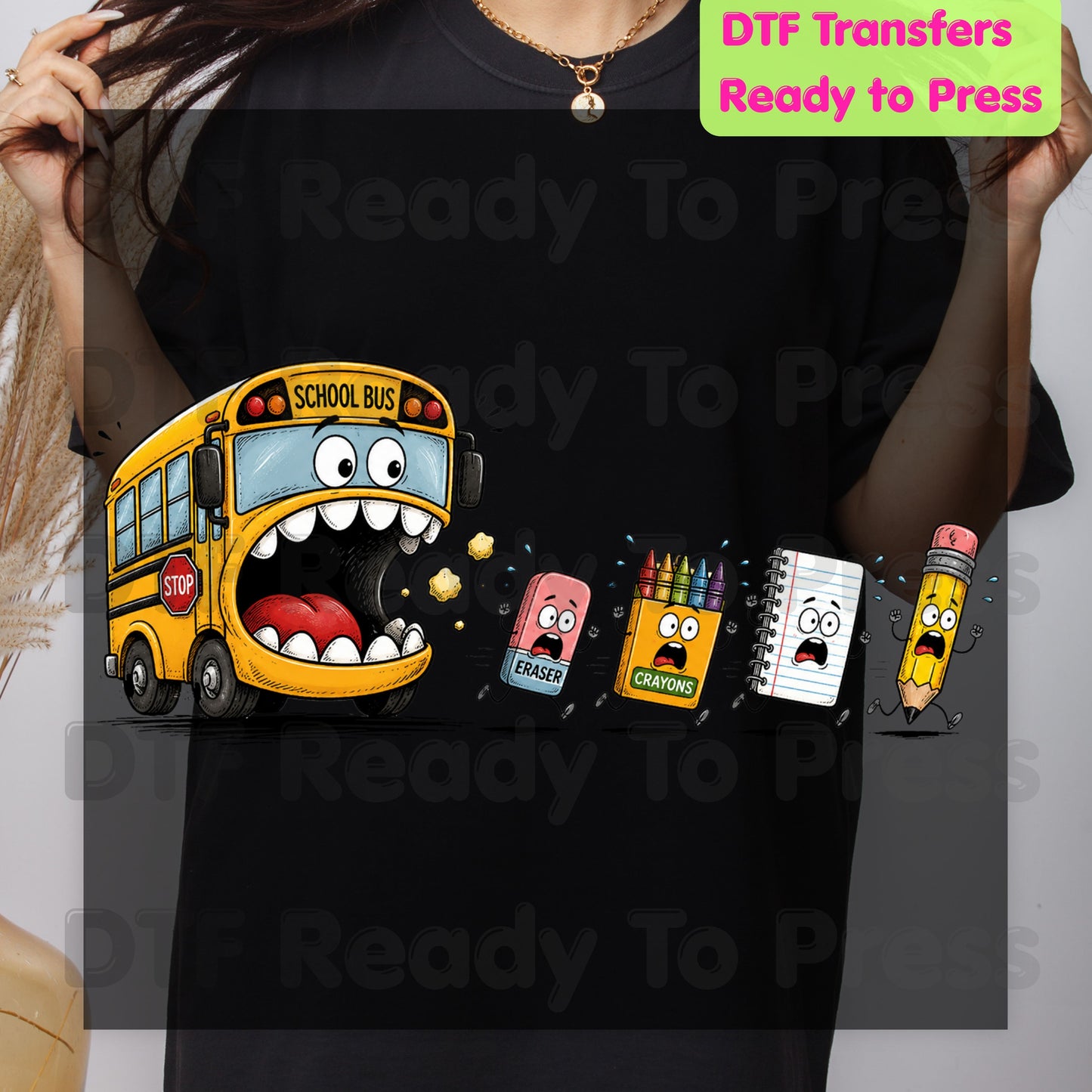 Funny School Bus Monster DTF Transfers, Back to School Chasing Supplies Teacher Life Kids Ready to Press