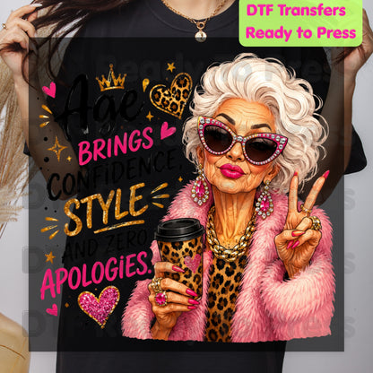 Age Brings Confidence DTF Transfers, Fabulous Glam Senior Woman Leopard Coffee Cup Ready to Press