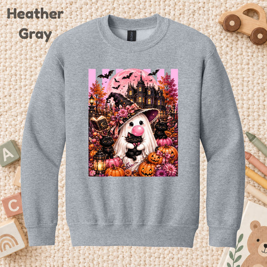 Pink Ghost Halloween T-Shirt, Witch Ghost Bubble Gum Black Cat Spooky Cute Tee for Toddler and Kids