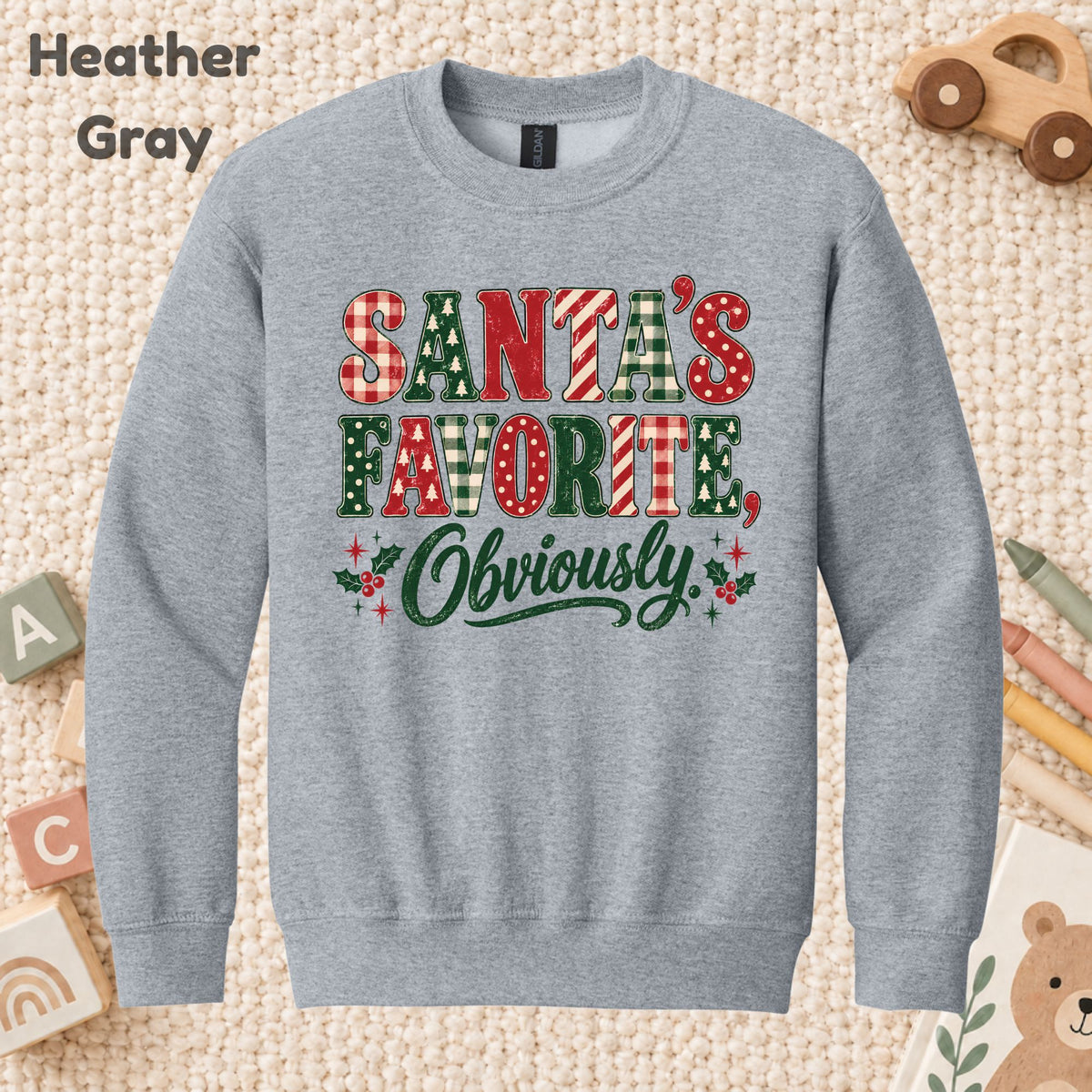 Santa’s Favorite T-Shirt, Funny Christmas Plaid Lettering and Holly Graphic Tee, Holiday Shirt