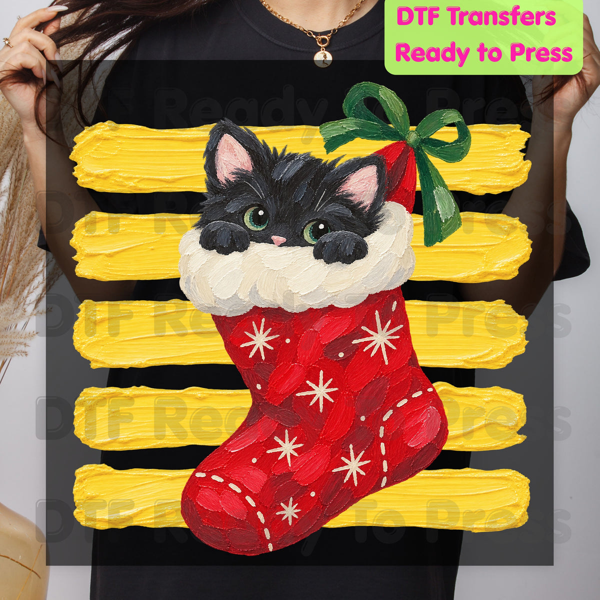 Christmas Black Cat DTF Transfers, Stocking Cute Kitten Holiday Ready to Press
