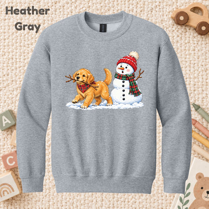 Golden Retriever Christmas T-Shirt, Puppy and Snowman Plaid Scarf Tee, Cute Winter Sweatshirt