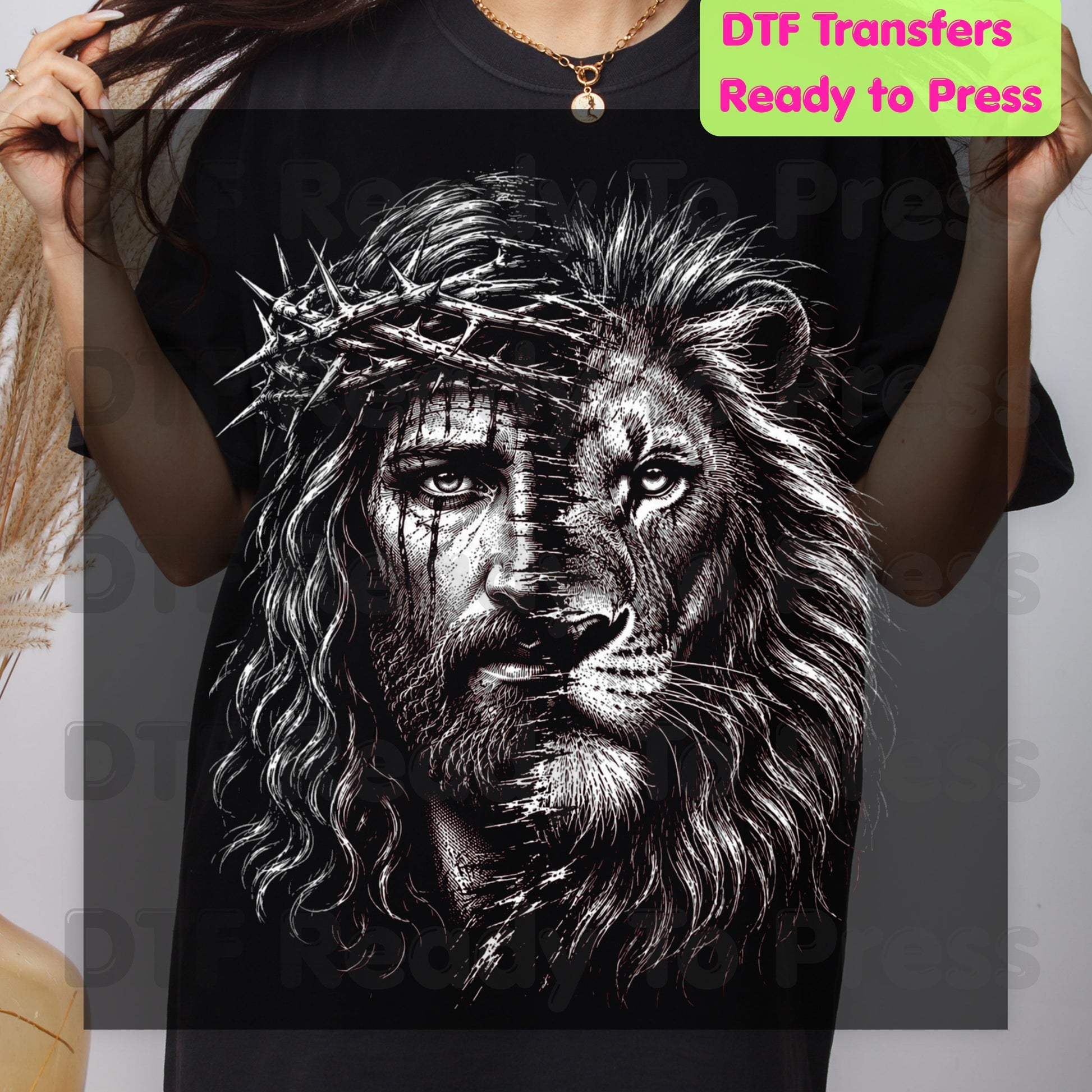 Lion and Jesus DTF Transfers, Lion of Judah Crown of Thorns Christian Faith Sketch Ready to Press