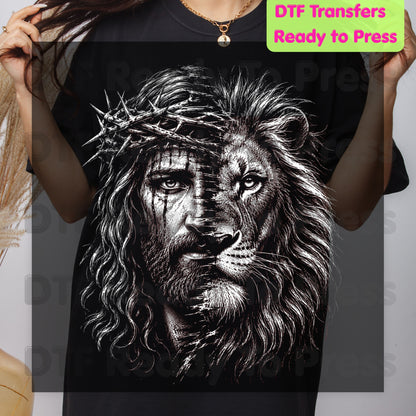 Lion and Jesus DTF Transfers, Lion of Judah Crown of Thorns Christian Faith Sketch Ready to Press