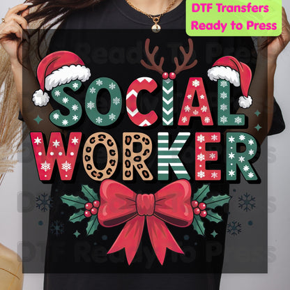 Christmas Social Worker DTF Transfers, Holiday Santa Hat Leopard Bow Social Work Ready to Press
