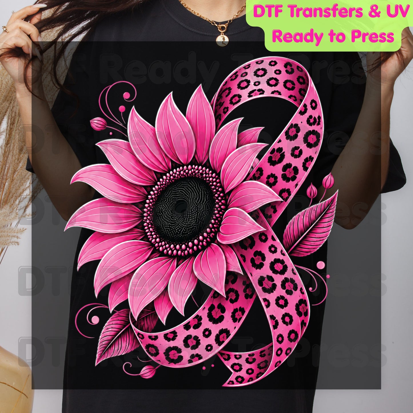 Pink Sunflower Leopard Ribbon Breast Cancer Awareness DTF Transfer Ready to Press Heat Transfer Survivor Tee