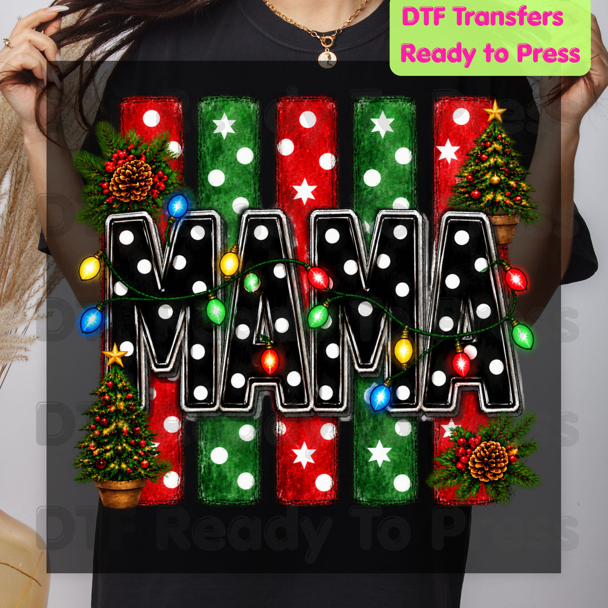 Christmas Mama DTF Transfers, Christmas Tree Lights Black Polka Dot Holiday Ready to Press