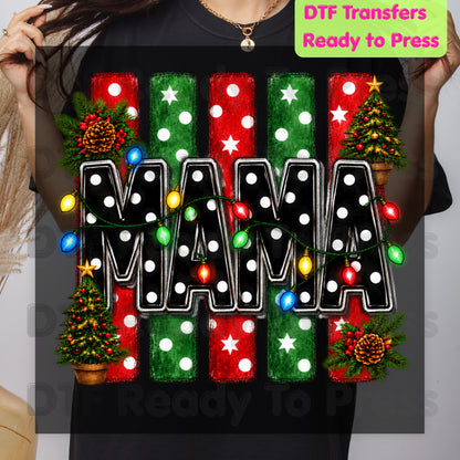 Christmas Mama DTF Transfers, Christmas Tree Lights Black Polka Dot Holiday Ready to Press
