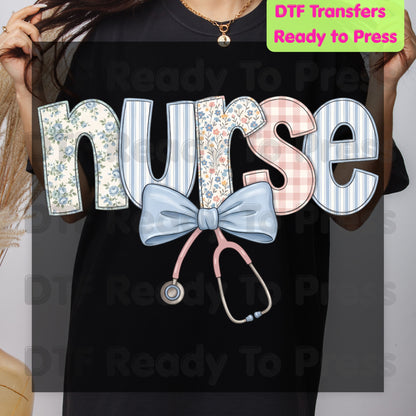 Nurse DTF Transfers, Coquette Floral Nurse Bow Stethoscope Vintage Patchwork