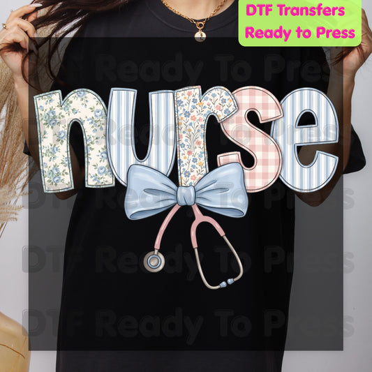 Nurse DTF Transfers, Coquette Floral Nurse Bow Stethoscope Vintage Patchwork