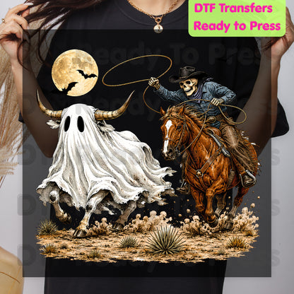 Halloween DTF Transfers, Skeleton Cowboy Ghost Bull Lasso Western Spooky Rodeo Ready to Press