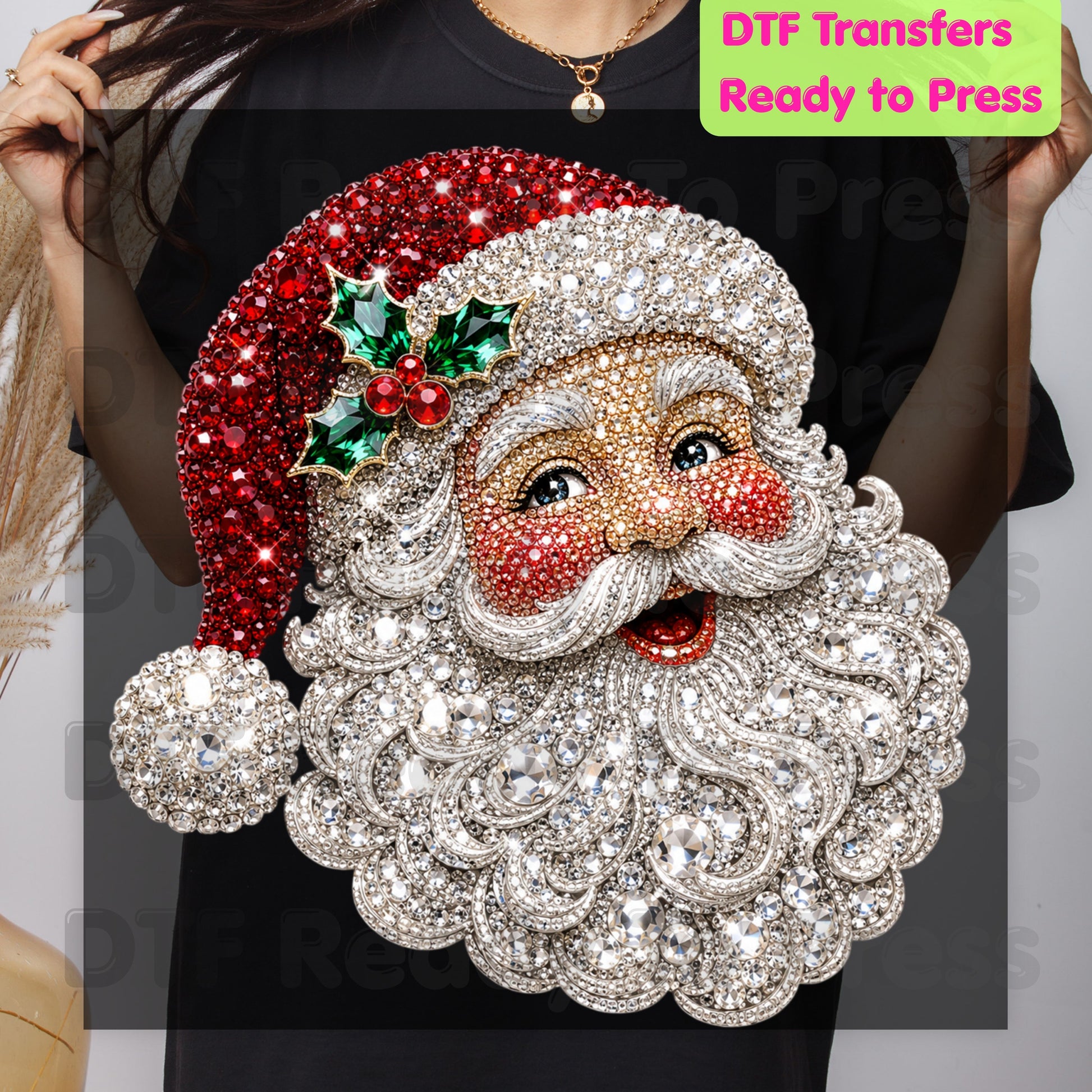 Christmas Santa Claus DTF Transfers, Vintage Bejeweled Rhinestone Santa Head Festive Holiday Ready to Press