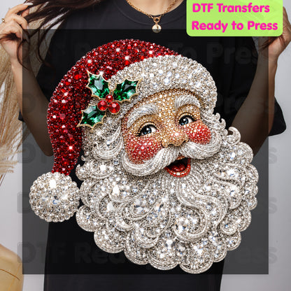 Christmas Santa Claus DTF Transfers, Vintage Bejeweled Rhinestone Santa Head Festive Holiday Ready to Press