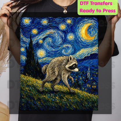 Starry Night Raccoon DTF Transfers, Oil Painting Van Gogh Style Funny Wildlife Art Ready to Press